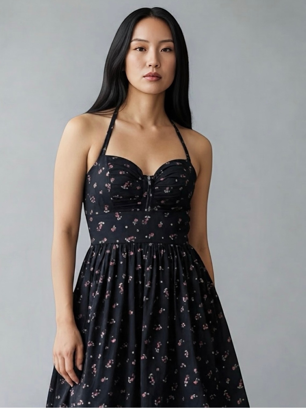 GUESS Los Angeles Floral Halter Mini Dress Black Size 3 Cottagecore Ruffle